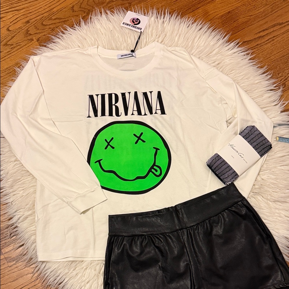 Daydreamer Long Sleeve Nirvana Graphic Tee with Neon Green Smiley